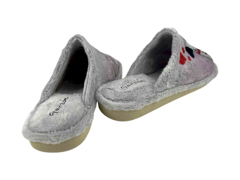 Pantufas divertidas descalzas, mujer, de la marca Garzón, muy cómodas y ligeras, en color gris perla, paño suave y suela goma eva.