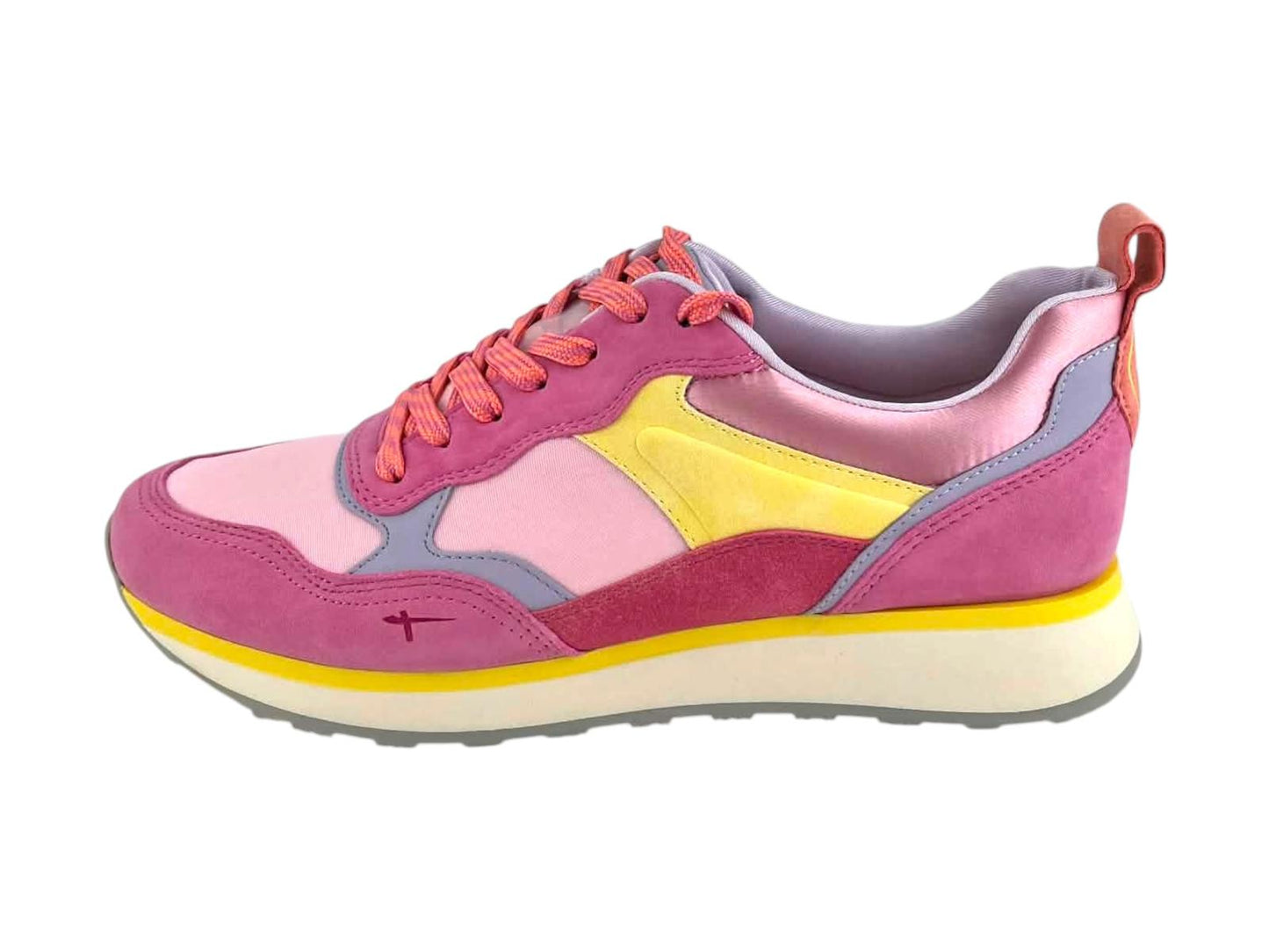 Zapatilla casual Tamaris de mujer vista de perfil en color rosa y lila con detalles amarillos y suela de running.