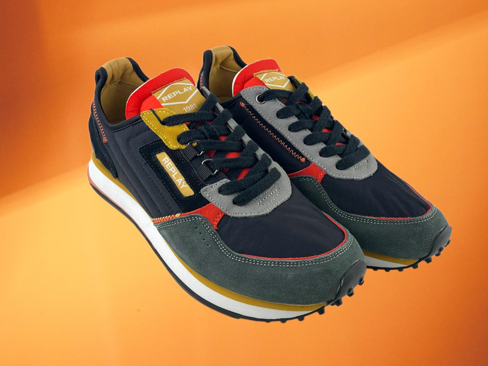 Replay Sneakers (zapatillas) de hombre eco-piel (serraje) y nylon, verde, naranja, ocre New Jersey