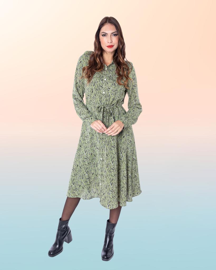 Lylu  Vestido camisero mujer de manga larga estampado verde – Da Ponte