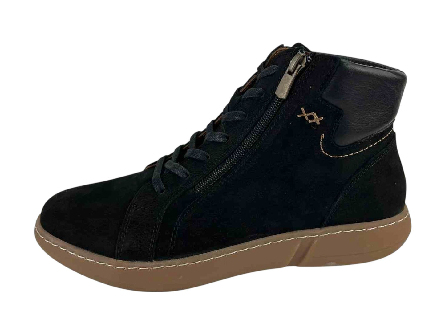 Vista lateral de unos botines en piel de la marca 48Hours para mujer muy cómodos y suela marrón claro. Ideales para todo los días y combinables con cualquier look