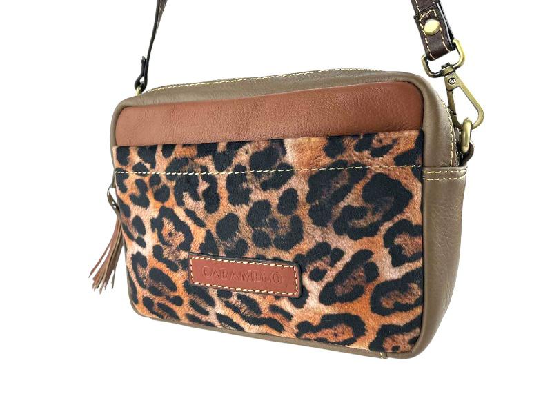 Caramelo | Bolso bandolera de mujer en piel legítima marrón animal print leopardo Sasa