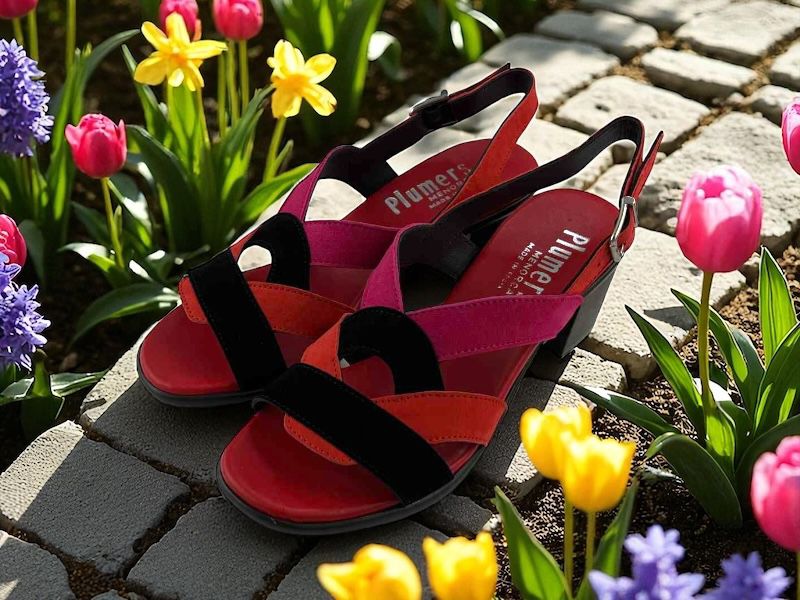 Sandalias elegantes en piel de la marca Plumers con tiras en el empeine en coral, fucsia y negras.