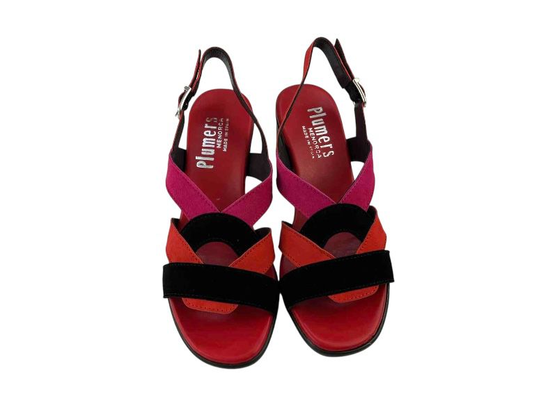 Sandalias en piel legítima para mujer, de  marca española Plumers, con detalles en coral, fucsia y negra. Con tacón cuadrado y planta en gel en piel roja.
