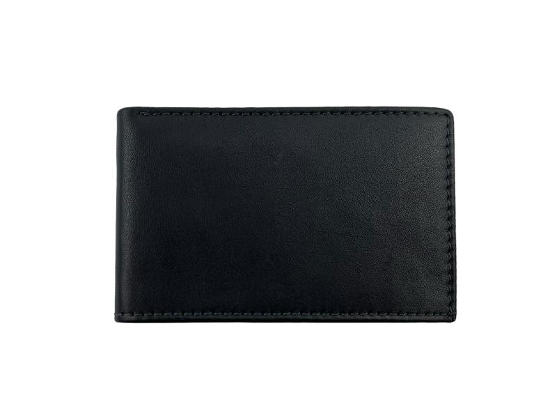 Foto de billetera y tarjetero en piel negra. Vista de la cartera por la parte de atrás sobre fondo blanco.