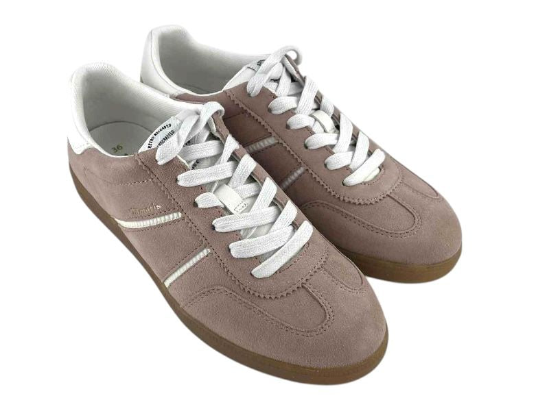 Zapatillas retro de mujer en piel ante, en dos tonos rosa y blanco, con cordones, muy cómodas y suela de goma color caramelo.