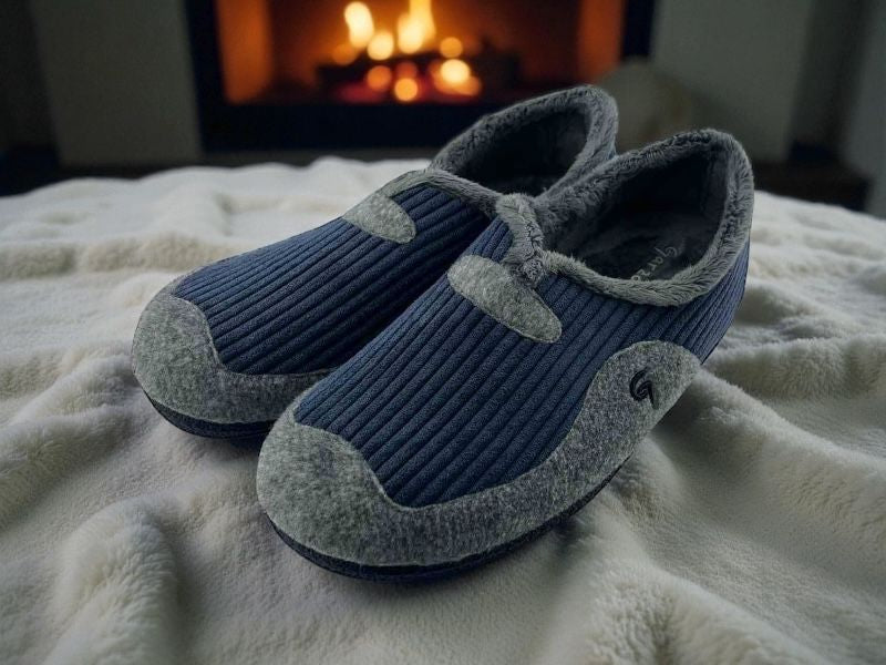 Par de zapatillas de casa unisex de invierno, de color azul marino acanalado y puntera y borde de fieltro gris. Las zapatillas tienen un forro interior peluche visible y suela oscura antideslizante. Están colocadas sobre una manta blanca mullida frente a una chimenea encendida, evocando una sensación de máximo calor y confort.