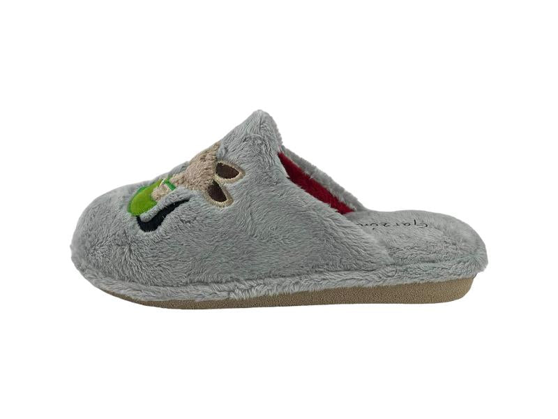 Vista lateral de unas zapatilla de casa descalza para mujer con estampado de Caperucita y el lobo sobre fondo gris.