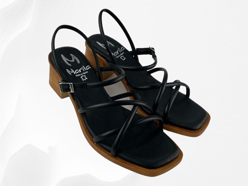 Marila | Black London geometric low heel strappy leather sandals