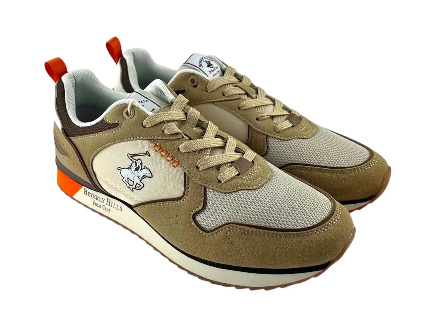 Perspectiva lateral de las sneakers premium de hombre en color beige, destacando el acabado de la malla transpirable y su silueta sport.