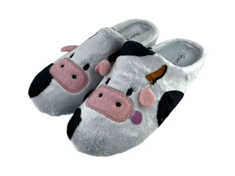 Pantuflas de casa de gran calidad realizadas en paño gris con detalles en negro, rosa y marrón. Zapatillas descalzas en paño grueso, muy cómodas y calentitas.