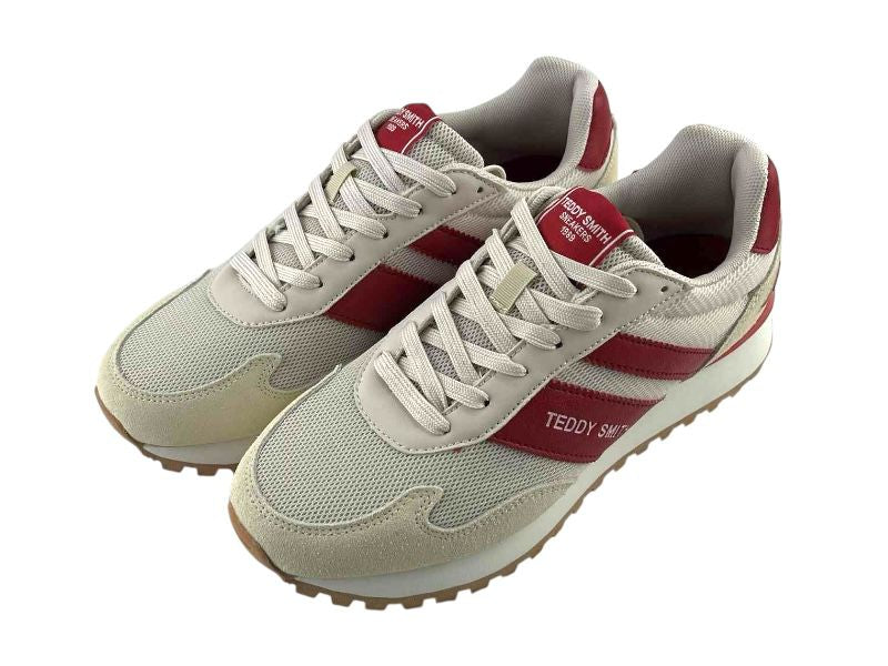 Zapatillas retro de hombre, Teddy Smith, en color beige y rojos con detalles de piel y textil. Con cordones y logo de la marca en el lateral y en la lengüeta sobre fondo blanco. Zapatillas urbanas de hombre muy cómodas.