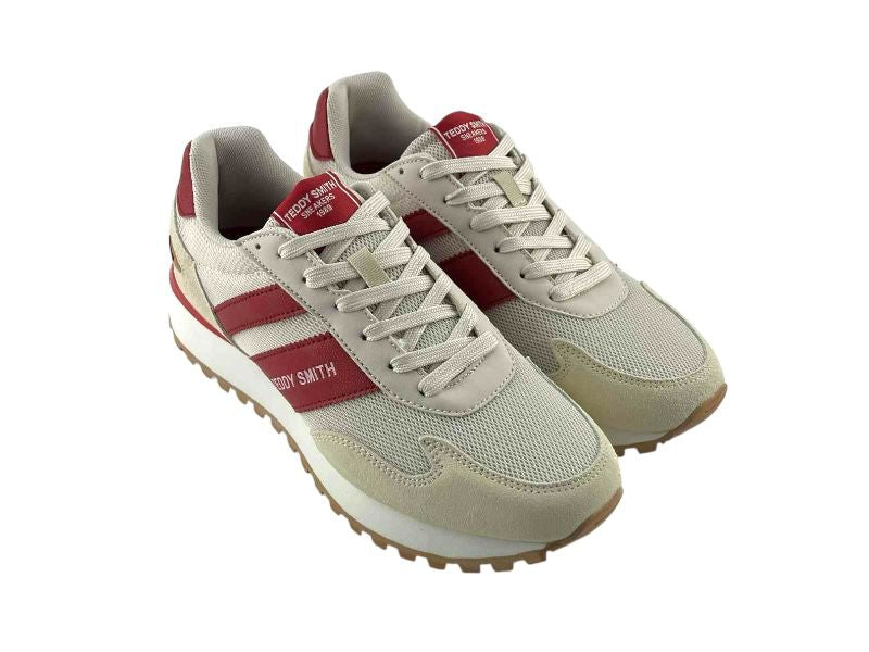 Zapatillas retro de hombre, Teddy Smith, en color beige y rojos con detalles de piel y textil. Con cordones y logo de la marca en el lateral y en la lengüeta sobre fondo blanco.