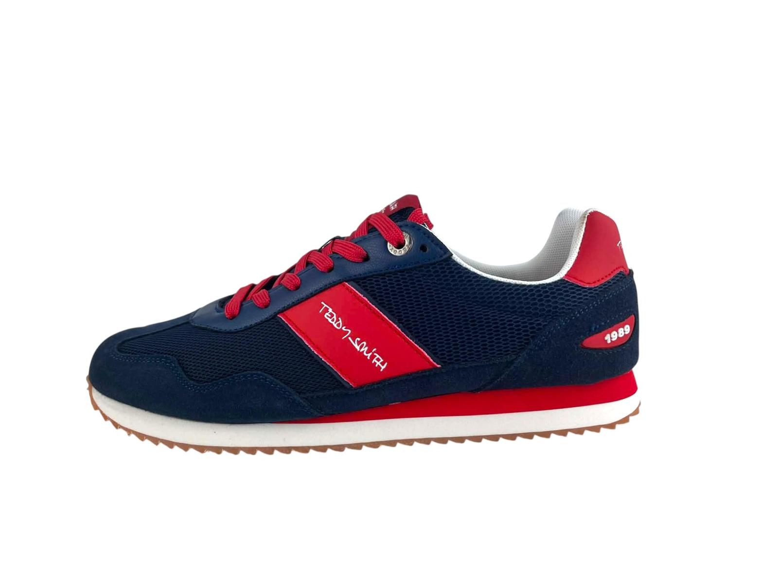 ⁠Zapatillas Teddy Smith 1989 de hombre color azul marino con franja roja lateral y logo bordado. Vista lateral completa sobre fondo blanco.⁠