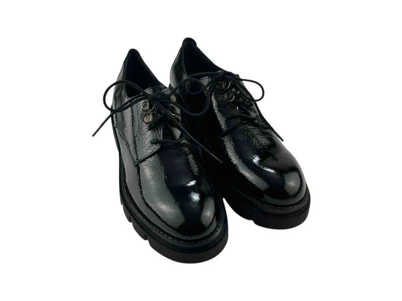 Zapatos de mujer, en piel charol negra, estilo Oxford, con cordones, ligeros y muy cómodos y suela track ligera.