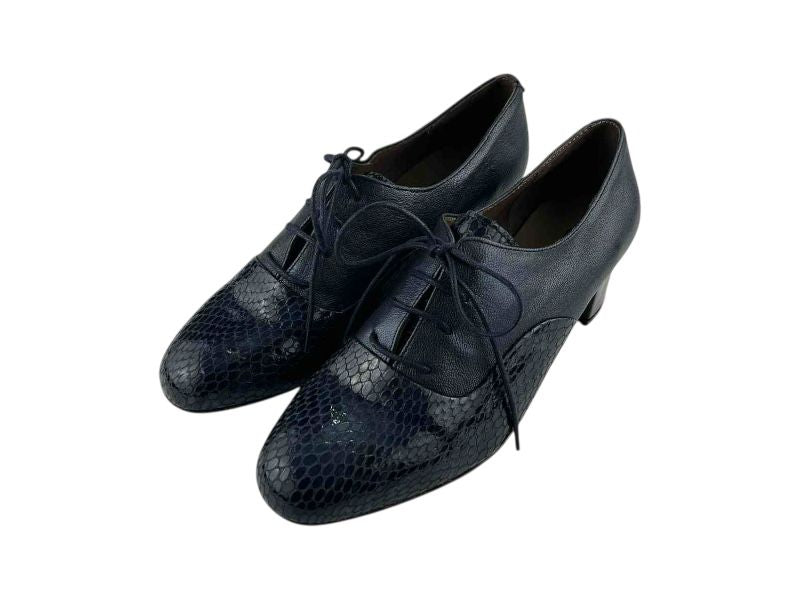 Zapatos de mujer estilo Oxford en piel lisa y serpiente, con cordones y tacón medio cuadrado, cómodos y estilosos.