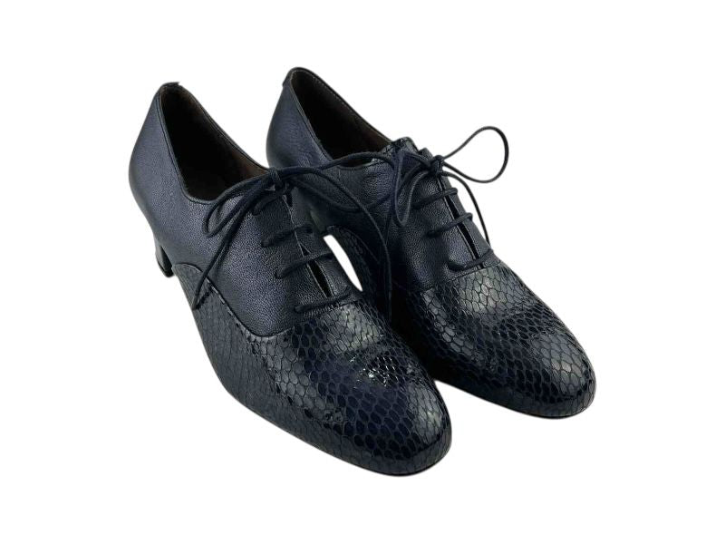 Zapatos de mujer, con tacón medio, en piel legítima azul, de estilo Oxford, con cordones, elegantesy cómodos.