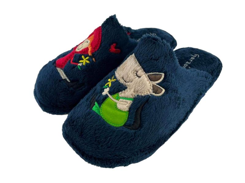 Pantuflas descalzas para mujer con textil azul peluche muy suave , suela de goma y divertido estampado de Caperucita y el lobo feroz. Muy ligeras y cómodas.