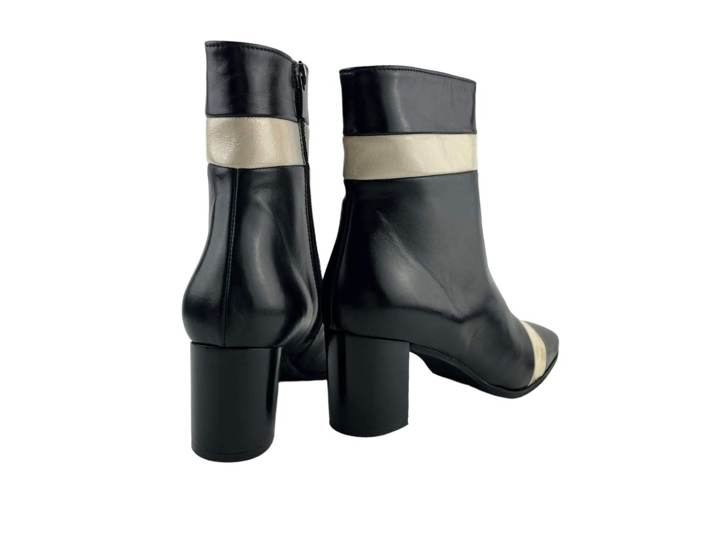 Plumers Menorca | Handmade black leather ankle boot with white stripes Addaya