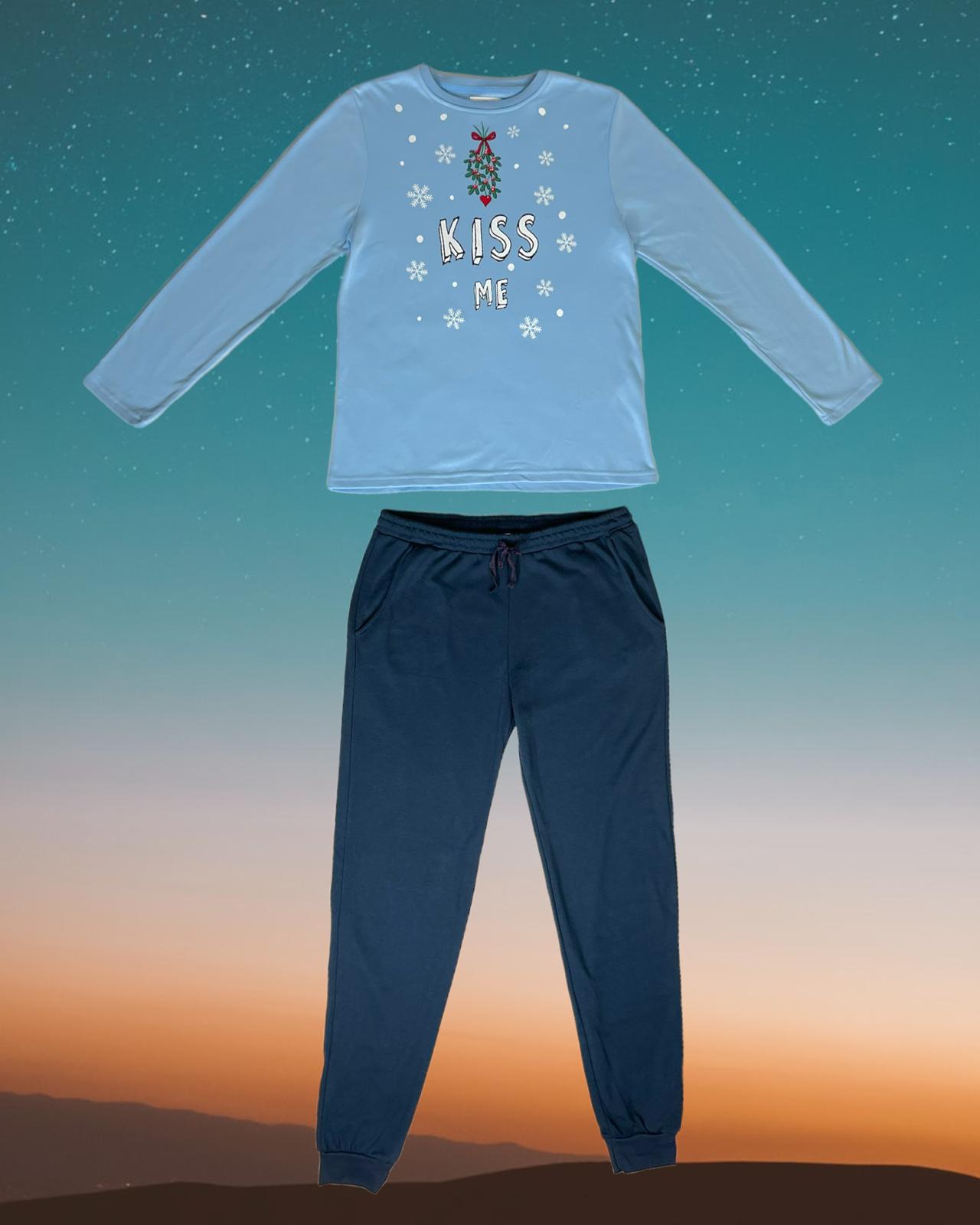 Mistletoe Pyjamas Muydemi Sleepwear| Long blue mistletoe pajamas kiss me – Da Ponte