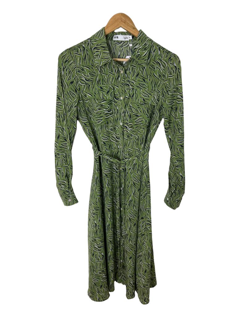 Lylu | Vestido camisero mujer de manga larga estampado verde brillos Boston